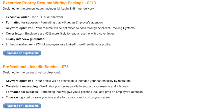 Resume2Hire.com packages