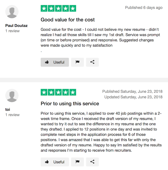 Positive Resumeble.com reviews on TrustPilot